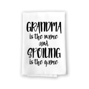 honey dew gifts, grandma is the name and spoiling is the game, cotton flour sack dish towels, 27 x 27 inch, made in usa, kitchen towel, gigi mimi granny nana gifts, funny grandma quotes