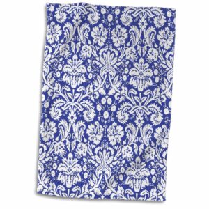 3d rose royal blue and white damask pattern-stylish elegant victorian vintage french floral swirls-navy towel, 15" x 22", multicolor