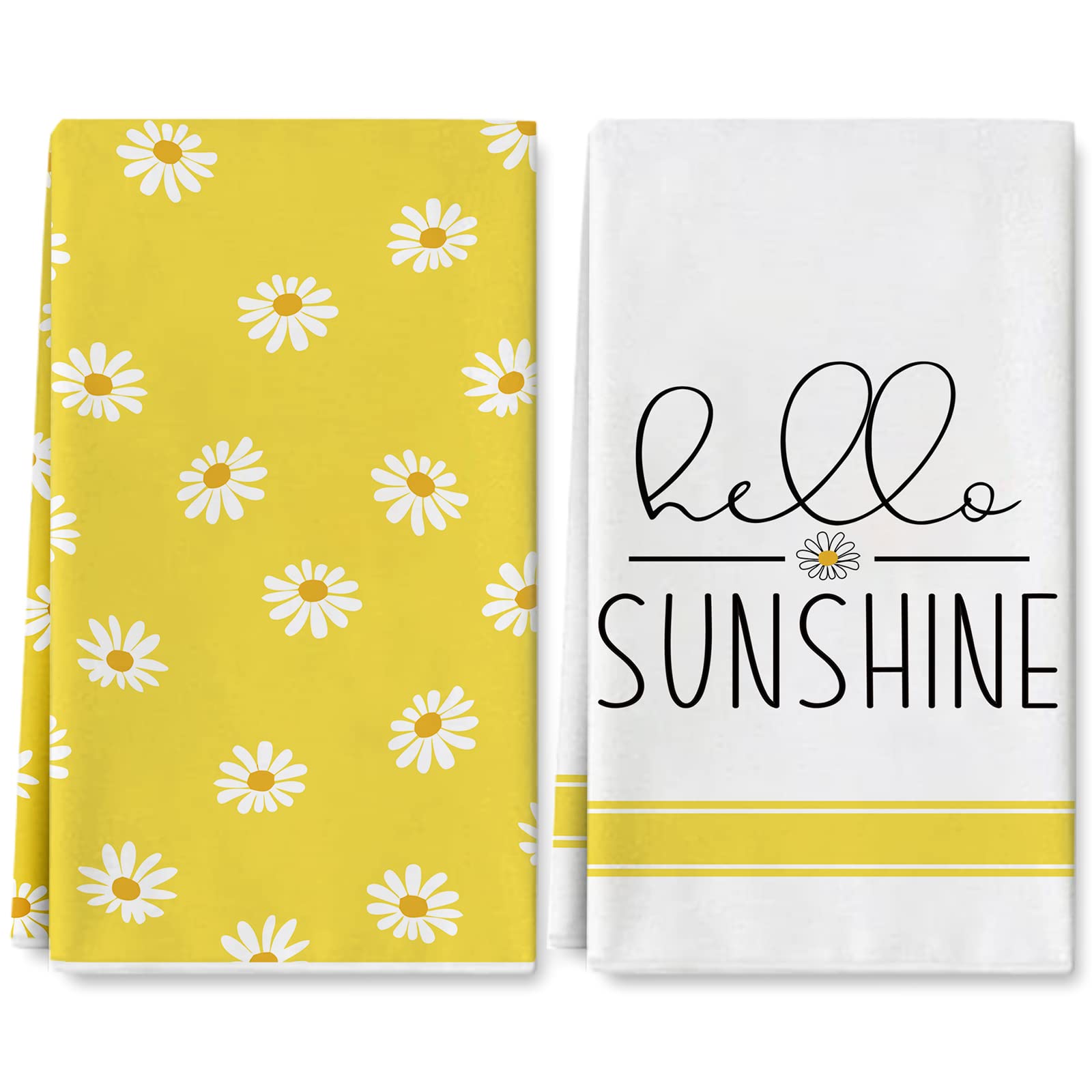 AnyDesign Hello Sunshine Kitchen Towels Summer Yellow Daisy Dish Towel 18 x 28 Inch for Seasonal Decoration Kitchen Bathroom Party Home Decorations Set of 2