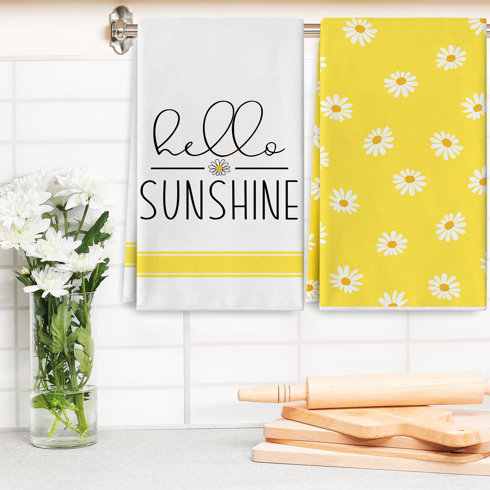 AnyDesign Hello Sunshine Kitchen Towels Summer Yellow Daisy Dish Towel 18 x 28 Inch for Seasonal Decoration Kitchen Bathroom Party Home Decorations Set of 2
