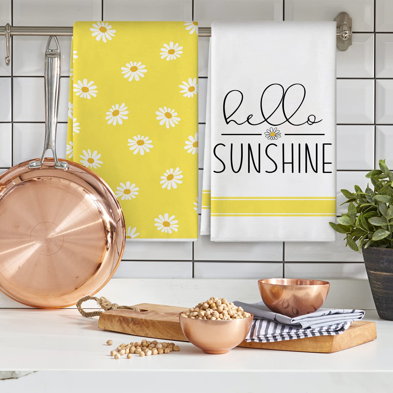 AnyDesign Hello Sunshine Kitchen Towels Summer Yellow Daisy Dish Towel 18 x 28 Inch for Seasonal Decoration Kitchen Bathroom Party Home Decorations Set of 2