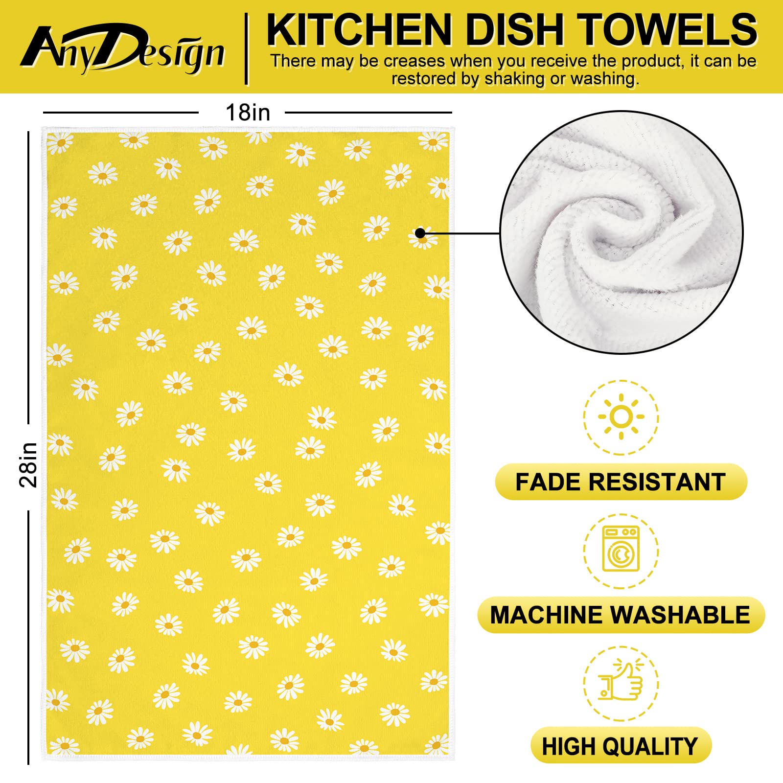 AnyDesign Hello Sunshine Kitchen Towels Summer Yellow Daisy Dish Towel 18 x 28 Inch for Seasonal Decoration Kitchen Bathroom Party Home Decorations Set of 2