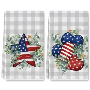 anydesign patriotic kitchen towel 18 x 28 inch 4th of july gray buffalo plaids dish cloth american flag star hearts green leaves hand drying tea towel for independence day memorial day cooking, 2pcs