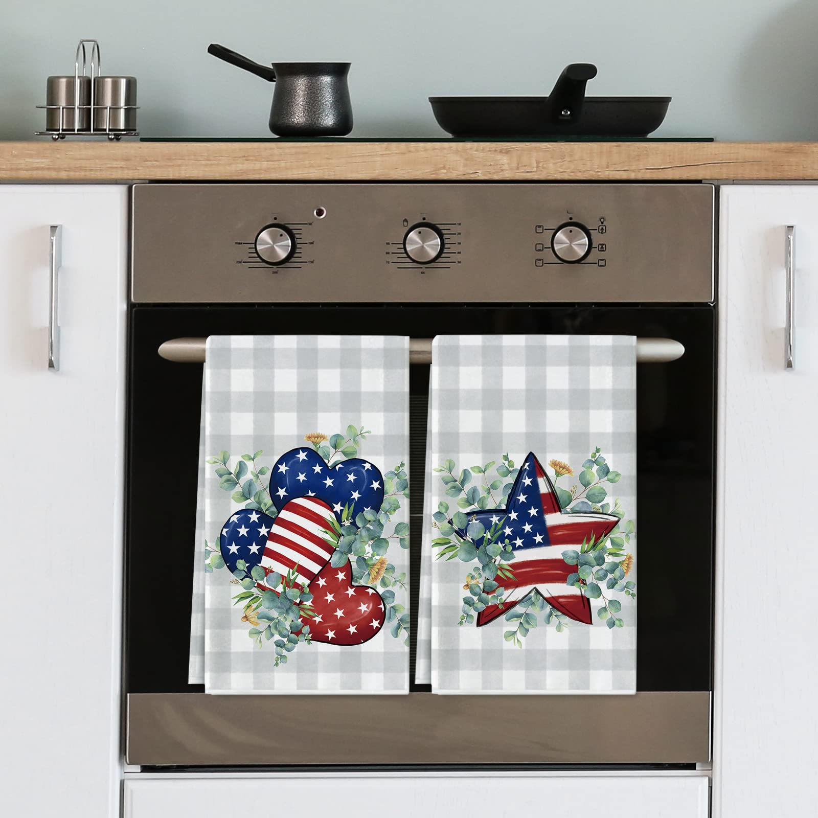 AnyDesign Patriotic Kitchen Towel 18 x 28 Inch 4th of July Gray Buffalo Plaids Dish Cloth American Flag Star Hearts Green Leaves Hand Drying Tea Towel for Independence Day Memorial Day Cooking, 2Pcs