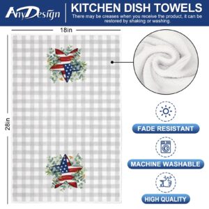 AnyDesign Patriotic Kitchen Towel 18 x 28 Inch 4th of July Gray Buffalo Plaids Dish Cloth American Flag Star Hearts Green Leaves Hand Drying Tea Towel for Independence Day Memorial Day Cooking, 2Pcs