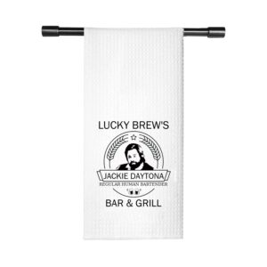 wwdits tv show inspired lucky brew’s regular human bartender bar & grill kitchen towel dish towel tea towel (lucky brew towel)