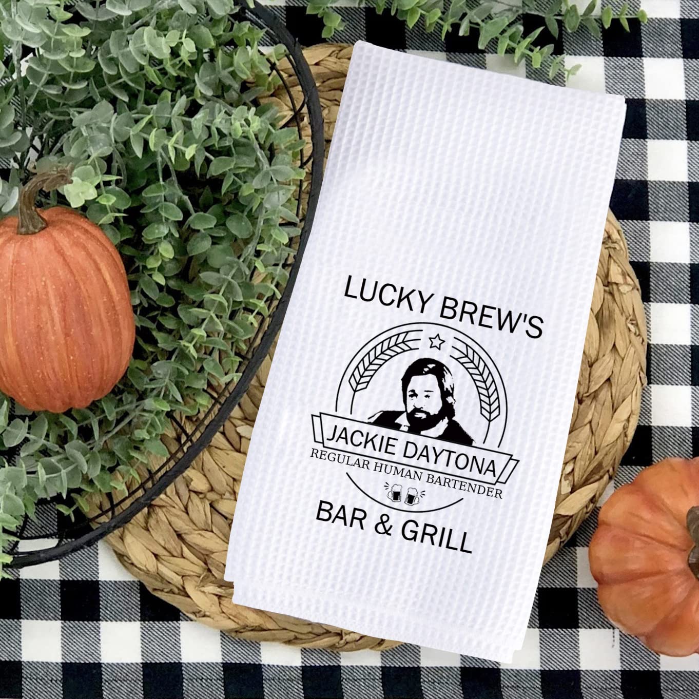 WWDITS TV Show Inspired Lucky Brew’s Regular Human Bartender Bar & Grill Kitchen Towel Dish Towel Tea Towel (Lucky Brew Towel)