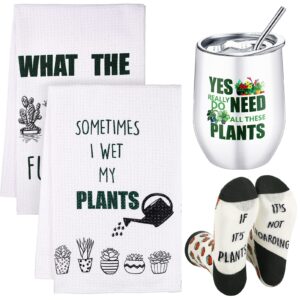 rtteri 4 pcs funny plant lover gifts for women set 2 plant kitchen towels 6 oz stainless steel tumbler women's funny ankle socks for friend plant gifts housewarming birthday funny gardening gifts