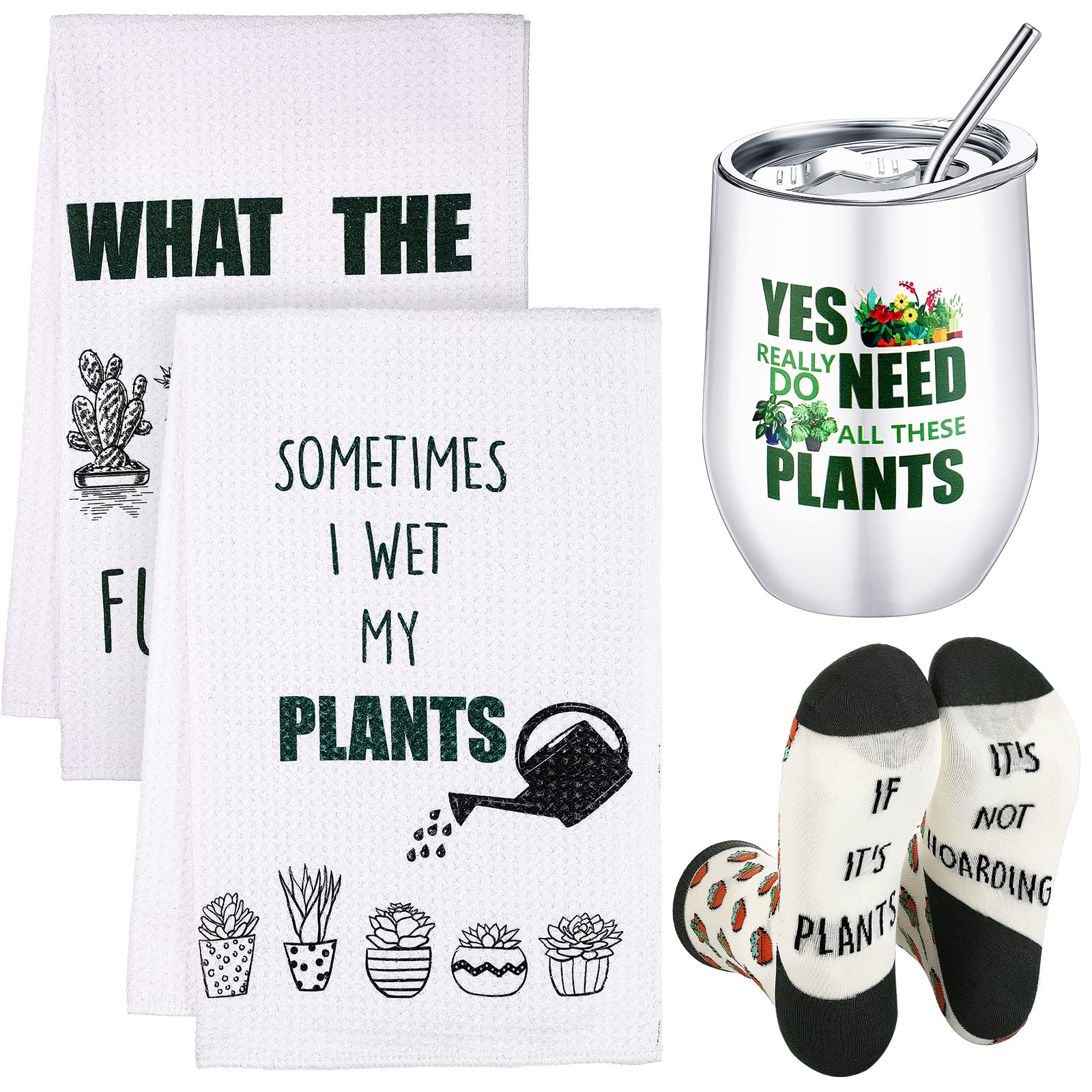 Rtteri 4 Pcs Funny Plant Lover Gifts for Women Set 2 Plant Kitchen Towels 6 oz Stainless Steel Tumbler Women's Funny Ankle Socks for Friend Plant Gifts Housewarming Birthday Funny Gardening Gifts