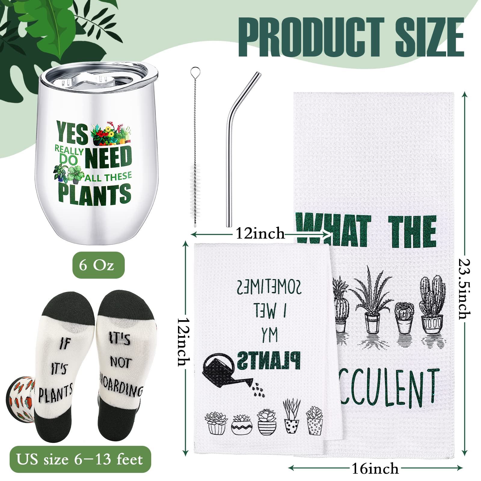 Rtteri 4 Pcs Funny Plant Lover Gifts for Women Set 2 Plant Kitchen Towels 6 oz Stainless Steel Tumbler Women's Funny Ankle Socks for Friend Plant Gifts Housewarming Birthday Funny Gardening Gifts