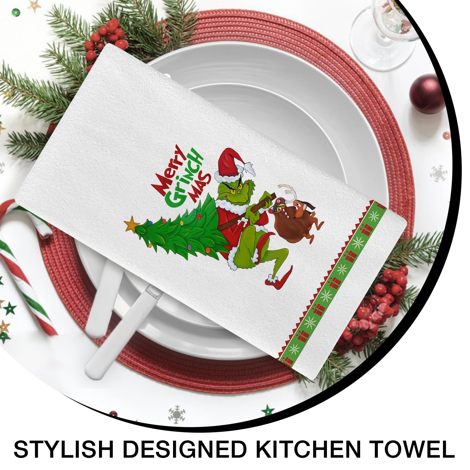 Seliem Merry Christmas Decorative Kitchen Dish Towel, Funny Red Green Xmas Tree Dog Bath Fingertip Towel Tea Bar Hand Drying Cloth, Winter Holiday Puppy Farmhouse Decor Home Decorations 18 x 26 Inch