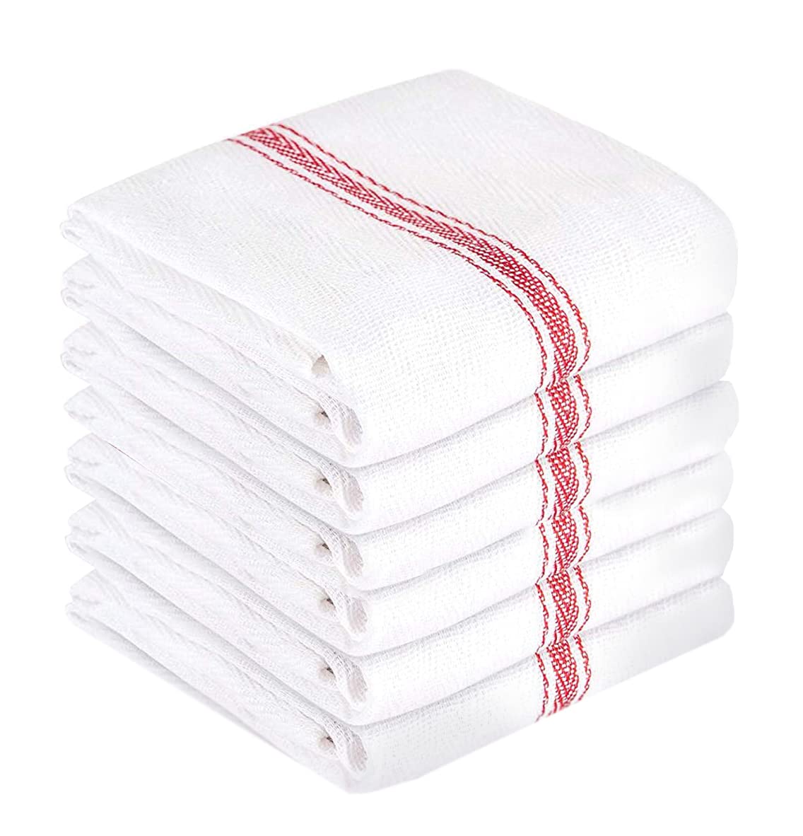 Nouvelle Legende Cotton Kitchen and Dish Towels, 14.75 x 24.5 Inches, White with Red Herringbone Stripes, 6 Pack