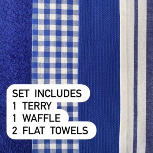 ELOMELO 100% Cotton Kitchen Towel Set with Hanging Loop - Terry, Waffle, Flat Combo Dish Towels for Kitchen - Check, Stripe, Plain Tea Towel Pack of 4, 25x16 in Blue White