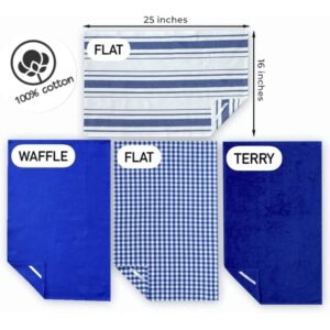 ELOMELO 100% Cotton Kitchen Towel Set with Hanging Loop - Terry, Waffle, Flat Combo Dish Towels for Kitchen - Check, Stripe, Plain Tea Towel Pack of 4, 25x16 in Blue White