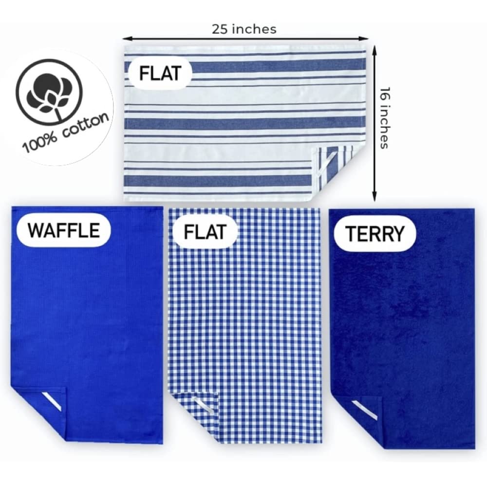 ELOMELO 100% Cotton Kitchen Towel Set with Hanging Loop - Terry, Waffle, Flat Combo Dish Towels for Kitchen - Check, Stripe, Plain Tea Towel Pack of 4, 25x16 in Blue White