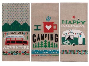 kay dee designs camping adventures chambray tea towel set of 3: bundle designs include: have an adventure - i heart camping - happy camper