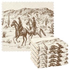 hand drawn brown retro american wild west desert horse with cowboy 6 set kitchen dish towels, washcloths cleaning cloths dish cloths, absorbent towels lint free bar tea soft waffle towel 11"x11"