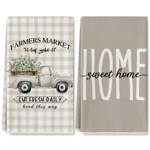 anydesign farmhouse kitchen towel gray home sweet home dish towel buffalo plaids truck eucalyptus leaves hand drying tea towel for home cooking baking cleaning, 18 x 28 inch, 2pcs