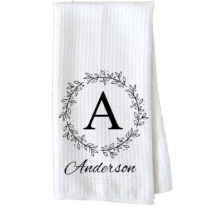 personalized kitchen towel | custom tea towel | family name dish towel | kitchen decor | hand towel | housewarming gift | monogram dishcloth (wreath 5)