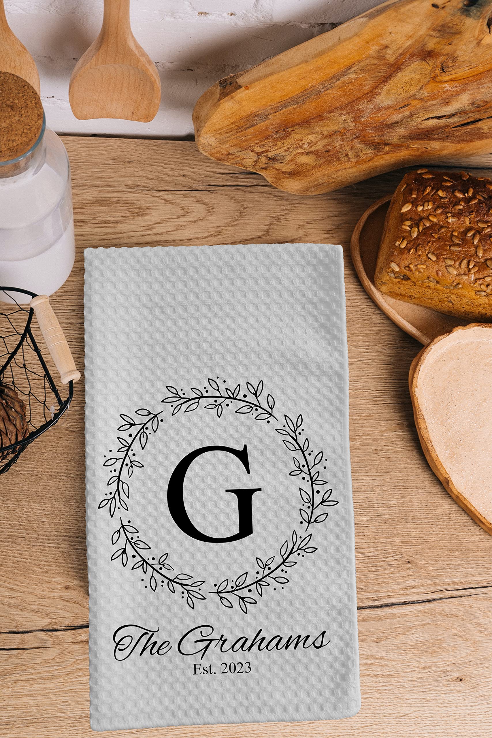 Personalized Kitchen Towel | Custom Tea Towel | Family Name Dish Towel | Kitchen Decor | Hand Towel | Housewarming Gift | Monogram Dishcloth (Wreath 5)