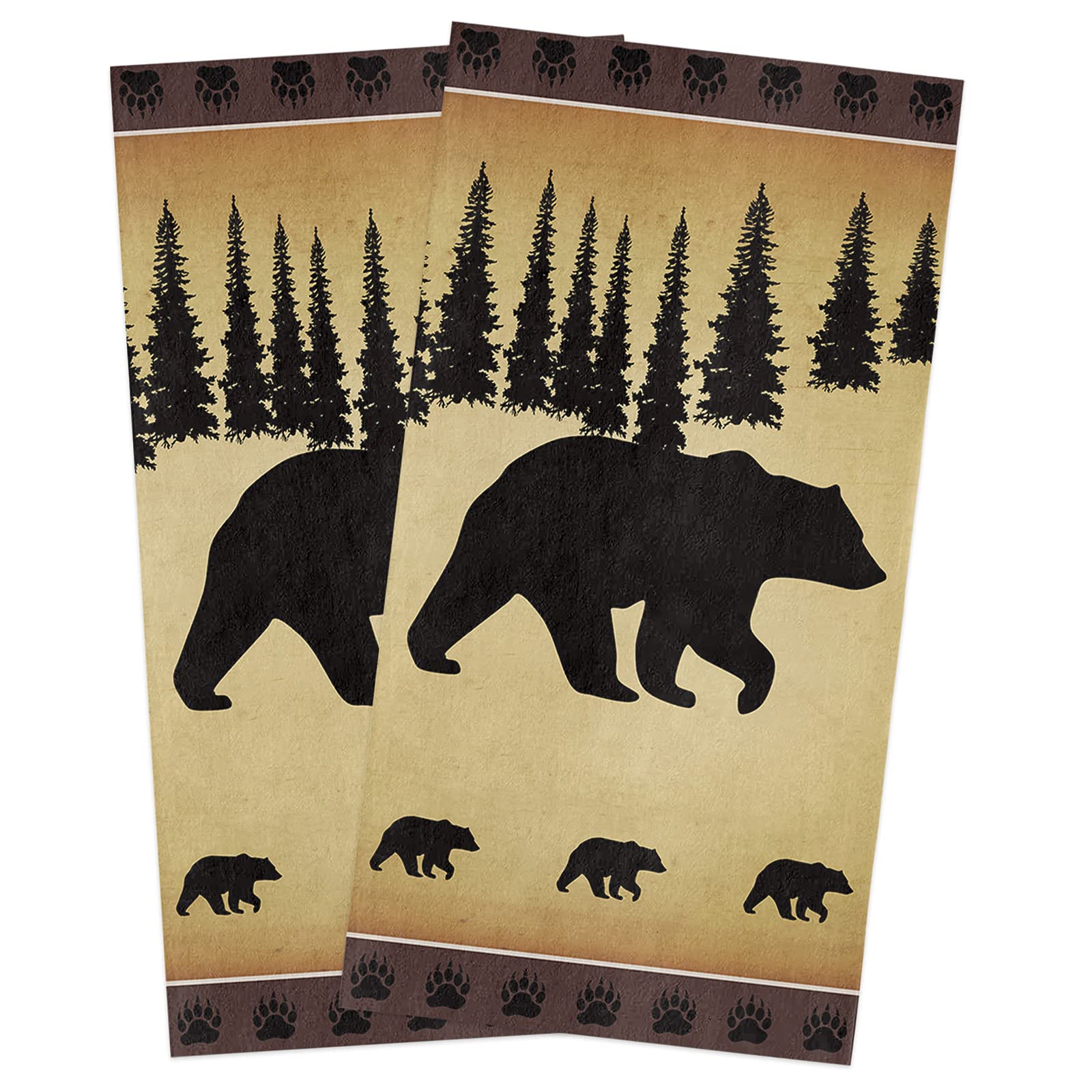 Hokiten Kitchen Towel Set, Black Bear Forest Silhouettes Fast Drying Microfiber Kitchen Towels Dish Cloths, Tea Towels/Bar Towels/Hand Towels Vintage Farm Backdrop (Set of 2, 18x28 Inch)