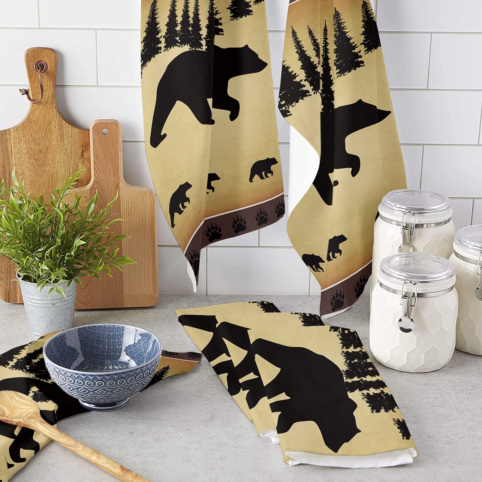 Hokiten Kitchen Towel Set, Black Bear Forest Silhouettes Fast Drying Microfiber Kitchen Towels Dish Cloths, Tea Towels/Bar Towels/Hand Towels Vintage Farm Backdrop (Set of 2, 18x28 Inch)