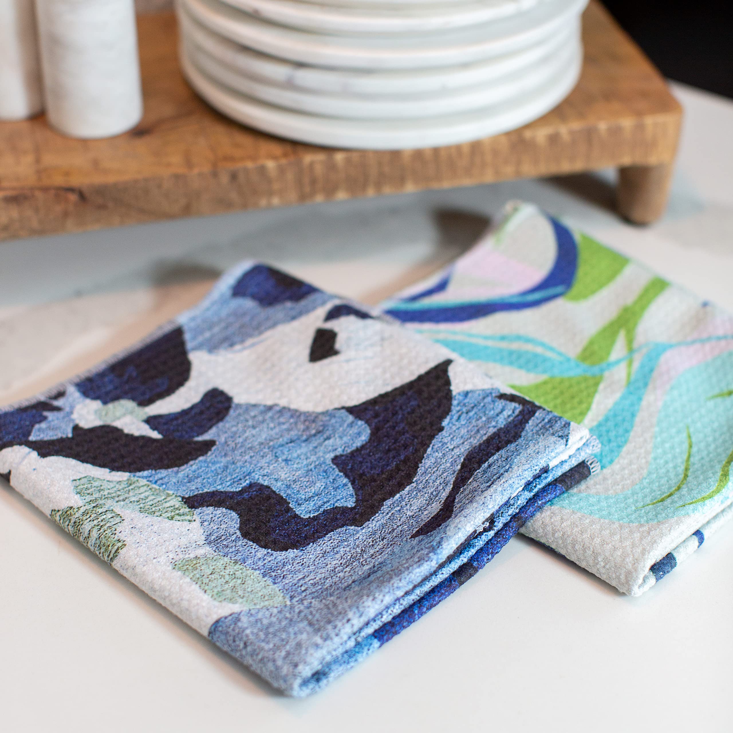 Winslow & Brody | Microfiber Kitchen Towels 2-Pack | Soft and Compact Dish Towels | Super Absorbent Yet Quick-Drying Waffle Weave | Green & Blue Abstract