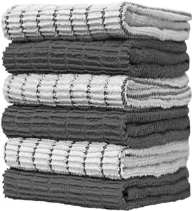 pack of 6 premium bright kitchen towels set - striped chef weave kitchen hand towels - large, 380 gsm, extra absorbent - dish towels for drying dishes - cotton tea towels - kitchen hand towels - grey