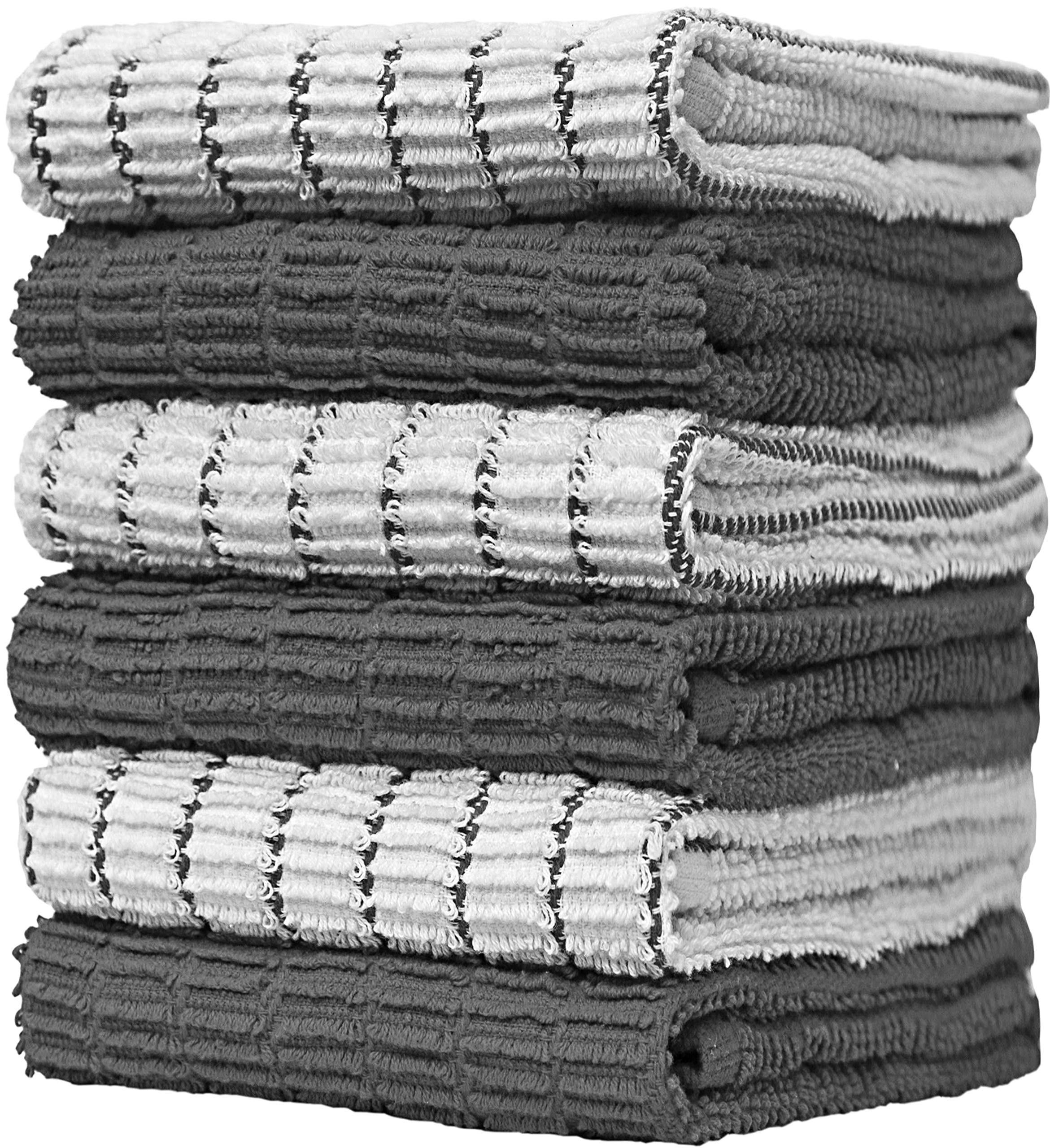 Pack of 6 Premium Bright Kitchen Towels Set - Striped Chef Weave Kitchen Hand Towels - Large, 380 GSM, Extra Absorbent - Dish Towels for Drying Dishes - Cotton Tea Towels - Kitchen Hand Towels - Grey