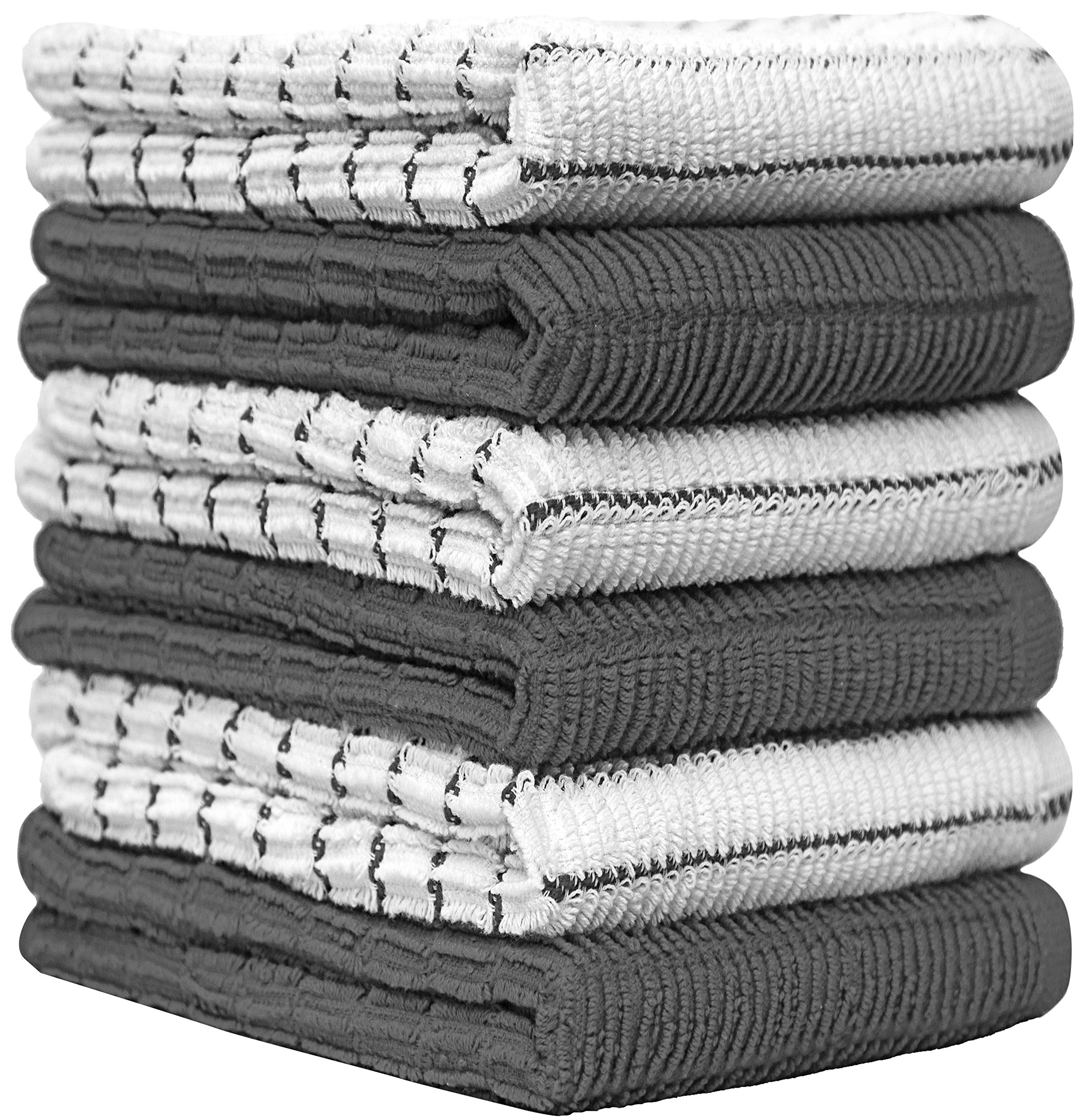 Pack of 6 Premium Bright Kitchen Towels Set - Striped Chef Weave Kitchen Hand Towels - Large, 380 GSM, Extra Absorbent - Dish Towels for Drying Dishes - Cotton Tea Towels - Kitchen Hand Towels - Grey