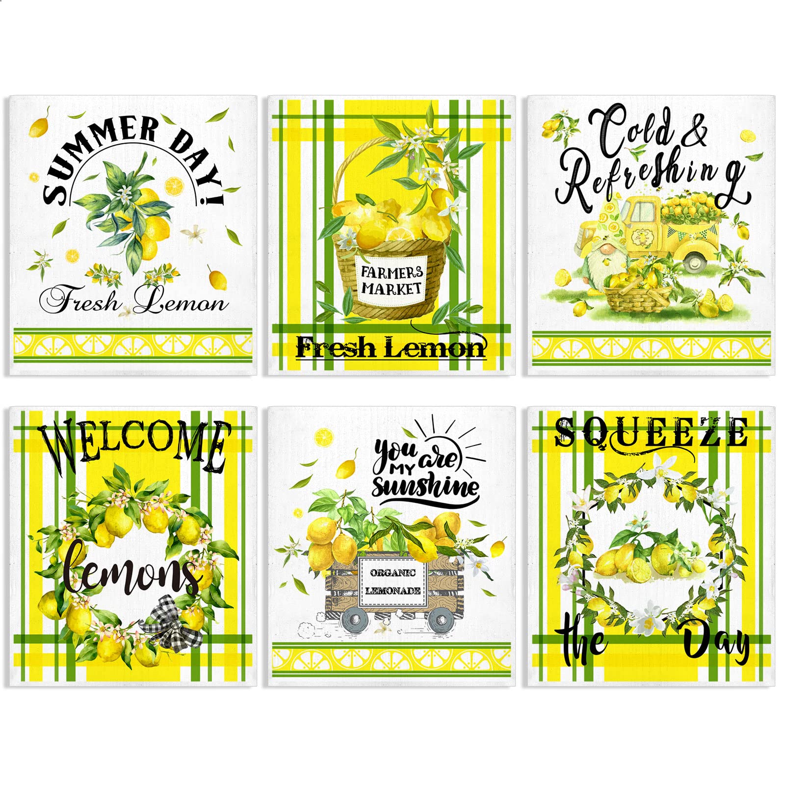 AnyDesign 6Pcs Lemon Swedish Kitchen Dishcloths Summer Fresh Lemons Dish Towels Yellow Lemon Pattern Cotton Absorbent Cleaning Cloth for Summer Holiday Home Party Housewarming, 6.7 x 7.7 Inch