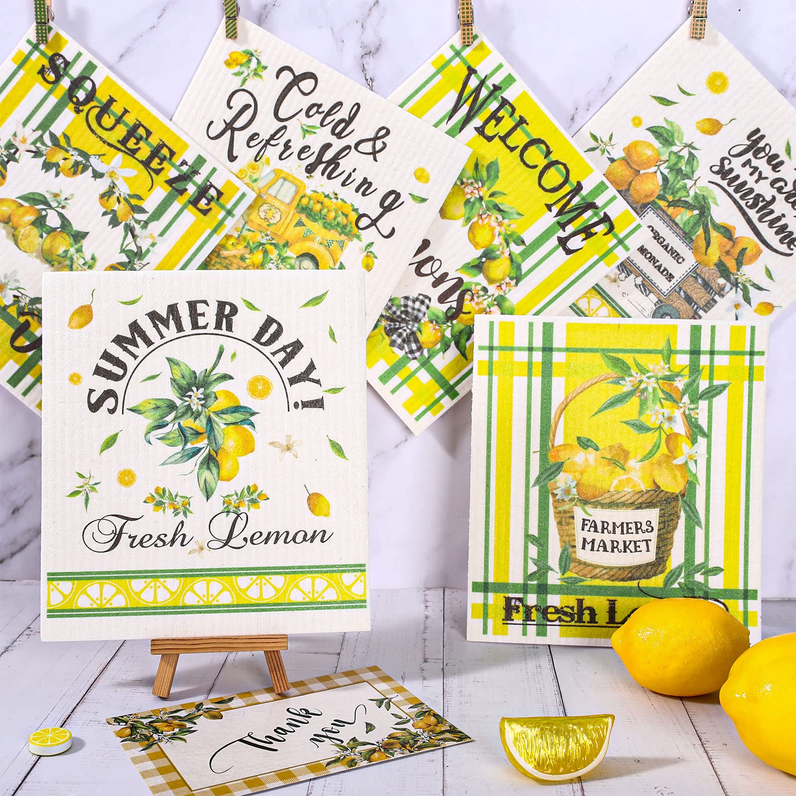 AnyDesign 6Pcs Lemon Swedish Kitchen Dishcloths Summer Fresh Lemons Dish Towels Yellow Lemon Pattern Cotton Absorbent Cleaning Cloth for Summer Holiday Home Party Housewarming, 6.7 x 7.7 Inch