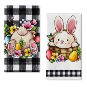 Seliem Easter Bunny Rabbit Kitchen Dish Towel Set of 2, Cute Eggs Flowers Hand Towel Black White Buffalo Plaid Check Drying Baking Cooking Cloth, Funny Spring Holiday Kitchen Decor 18x26 Inches