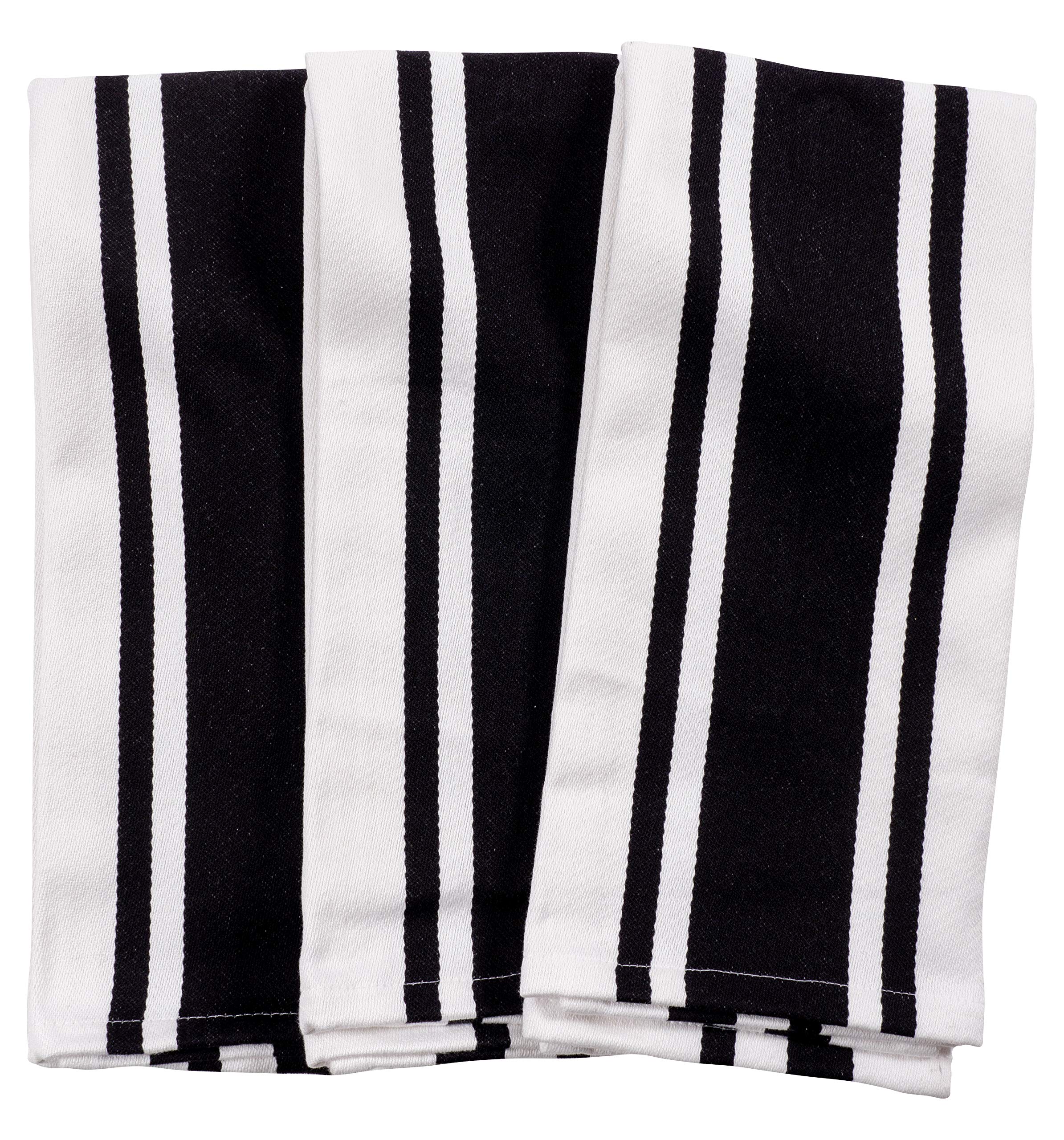 KAF Home Union Stripe Kitchen Dish Towel Set of 3, Plush, Absorbent, 100-Percent Cotton, 18 x 28-inch (Black)