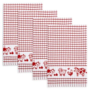cackleberry home barnyard animals windowpane check cotton terrycloth kitchen towels, set of 4 (red)