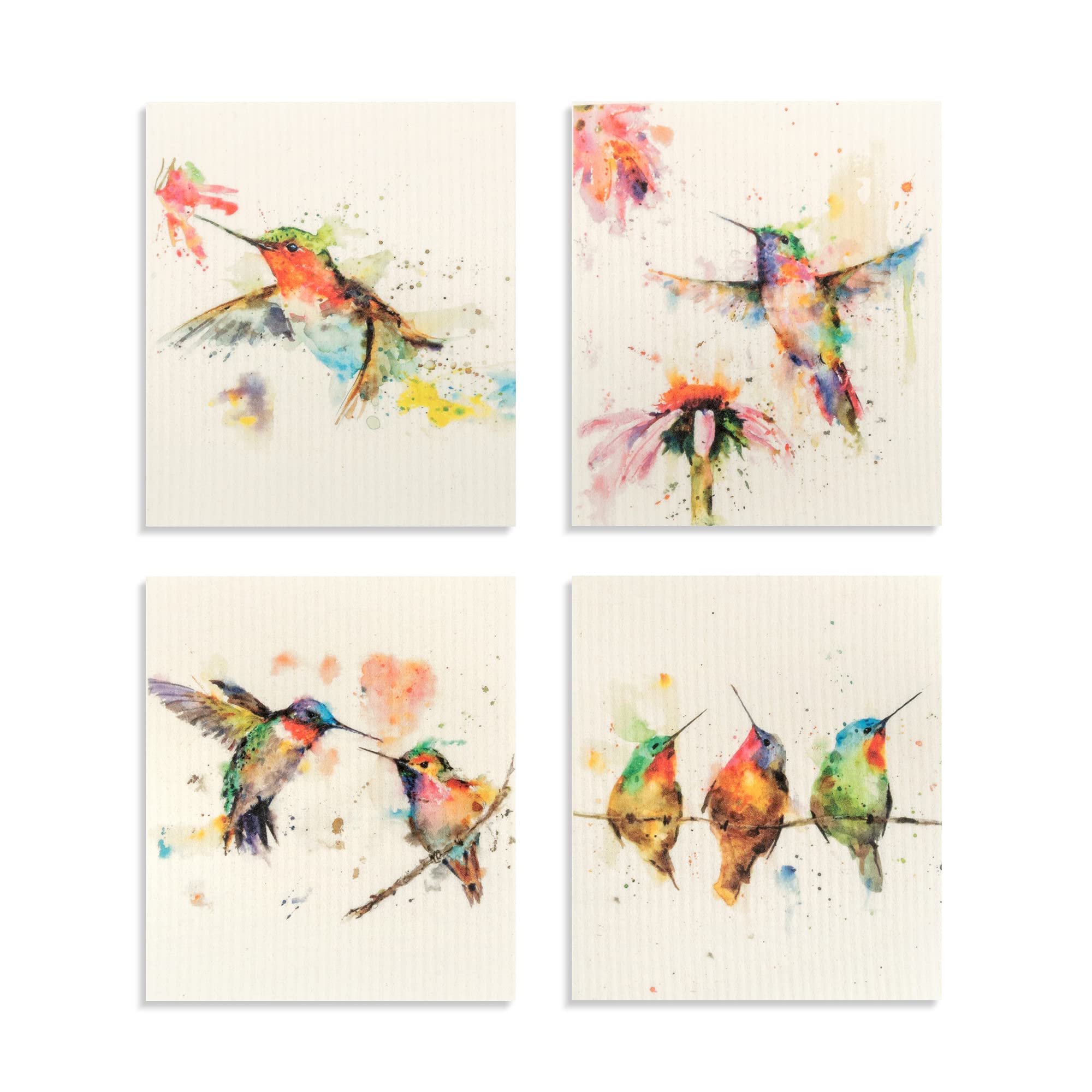 DEMDACO Watercolor Hummingbird 6 x 7 Cotton Blend Biodegradable Dish Cloths Set of 4