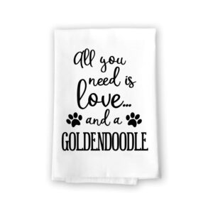 honey dew gifts funny towels, all you need is love and a goldendoodle kitchen towel, dish towel, kitchen decor, multi-purpose pet and dog lovers kitchen towel, 27 inch by 27 inch towel