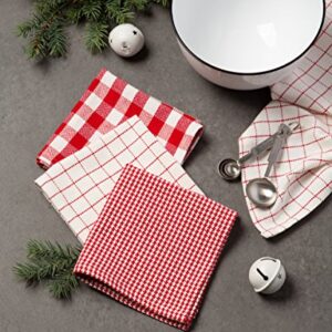 DII Heavy Duty Kitchen Towels Collection Long Lasting Quality, Cotton Dish Towel, 18x28; Dish Cloth, 13x13, Holiday Red Checks, 6 Piece