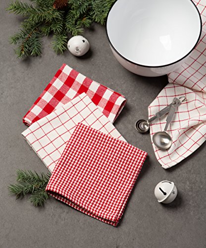 DII Heavy Duty Kitchen Towels Collection Long Lasting Quality, Cotton Dish Towel, 18x28; Dish Cloth, 13x13, Holiday Red Checks, 6 Piece