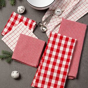 DII Heavy Duty Kitchen Towels Collection Long Lasting Quality, Cotton Dish Towel, 18x28; Dish Cloth, 13x13, Holiday Red Checks, 6 Piece