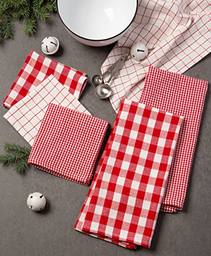 DII Heavy Duty Kitchen Towels Collection Long Lasting Quality, Cotton Dish Towel, 18x28; Dish Cloth, 13x13, Holiday Red Checks, 6 Piece