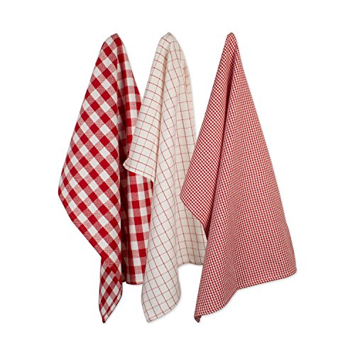 DII Heavy Duty Kitchen Towels Collection Long Lasting Quality, Cotton Dish Towel, 18x28; Dish Cloth, 13x13, Holiday Red Checks, 6 Piece