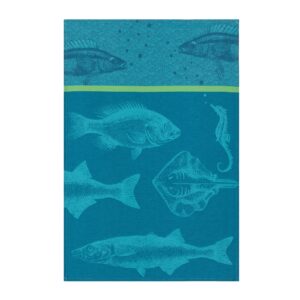 coucke french cotton jacquard towel, banc de poissons (school of fish) bleu, 20-inches by 30-inches, turquoise