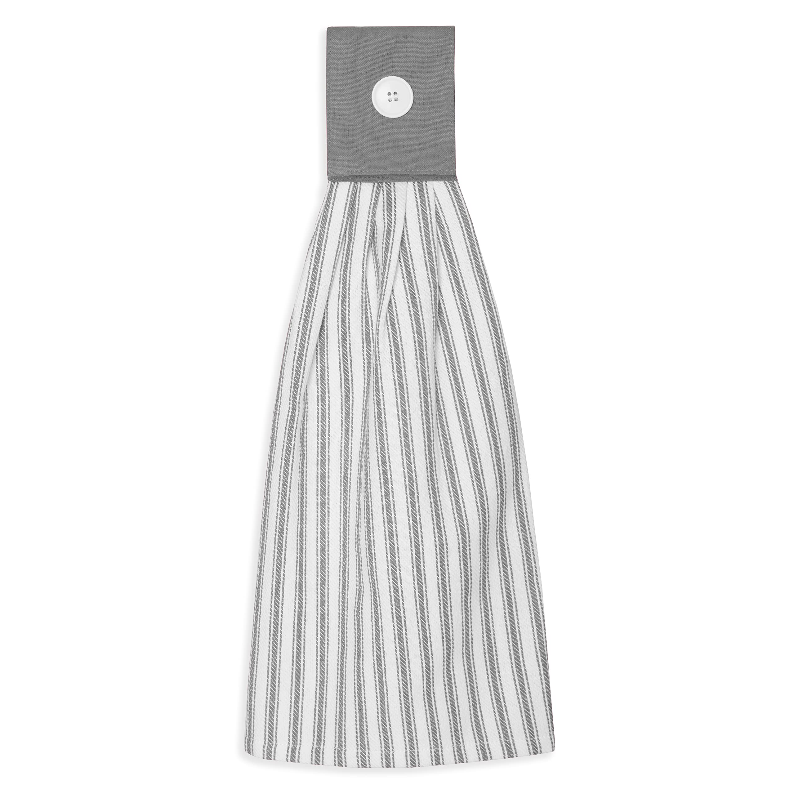 Cackleberry Home Alloy Gray and White Ticking Stripe Hanging Kitchen Dish Hand Towel Cotton with Button Accent, Set of 2