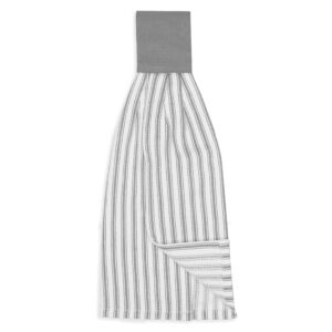 Cackleberry Home Alloy Gray and White Ticking Stripe Hanging Kitchen Dish Hand Towel Cotton with Button Accent, Set of 2