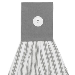 Cackleberry Home Alloy Gray and White Ticking Stripe Hanging Kitchen Dish Hand Towel Cotton with Button Accent, Set of 2