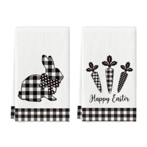 artoid mode buffalo plaid rabbit bunny carrots happy easter kitchen dish towels,18x26 inch seasonal spring decoration hand towels set of 2