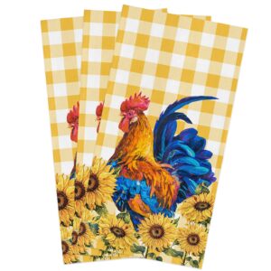 kitchen towels farm animal rooster sunflower chicken absorbent tea towel soft hand dish towel yellow plaid reusable washable cleaning cloth for bathroom bar for everyday cooking (pack of 3)