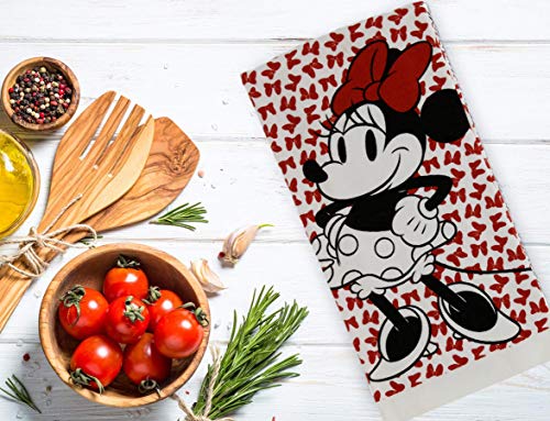 Disney 100% Cotton Kitchen Towels, 2pk, Perfect for Drying Dishes & Hands, Absorbent, Light Weight, and Adorable- Machine Washable- 16” x 26” - Minnie Red Bows