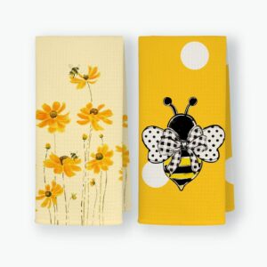 qodung farmhouse yellow daisy flowers and honey bee soft kitchen towels dishcloths 16x24 inch set of 2,summer spring gifts drying cloth hand towels tea towels for kitchen